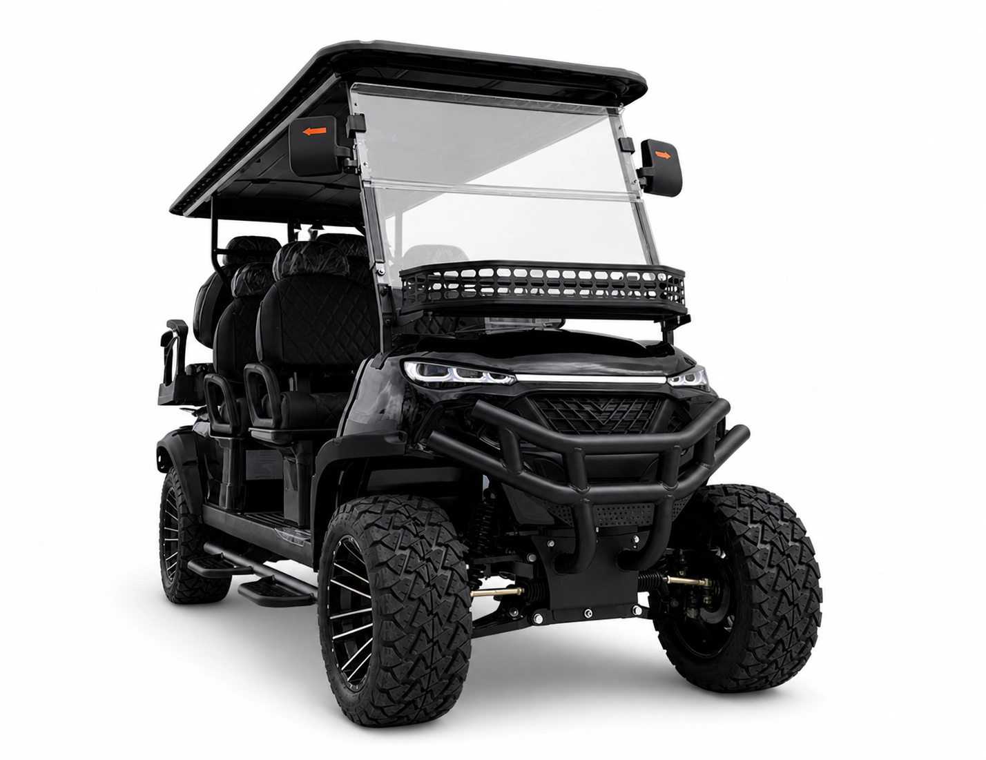 Black UrbanX Classic 4+2 six-passenger 72V shuttle golf cart photographed in a front three-quarter studio view