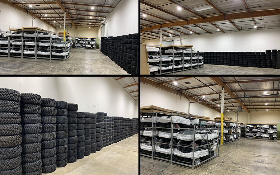 Four views inside the Ontario warehouse, showing wrapped golf carts on storage frames and stacked tires